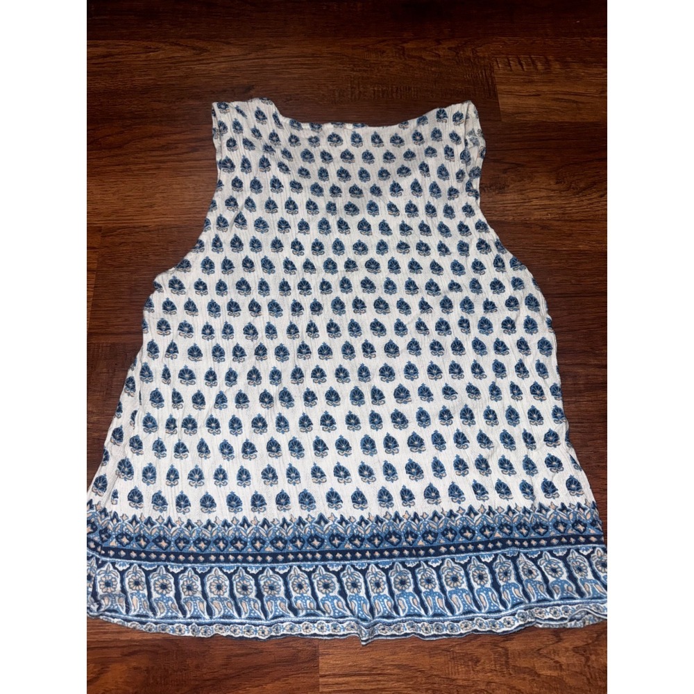 Lucky Brand Womens XL Blue White Block Print Henley Sleeveless Tank Top - Picture 3 of 3